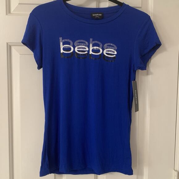 Bebe Royal Blue Bling Rhinestone Tshirt NWT Size Medium - Picture 1 of 6